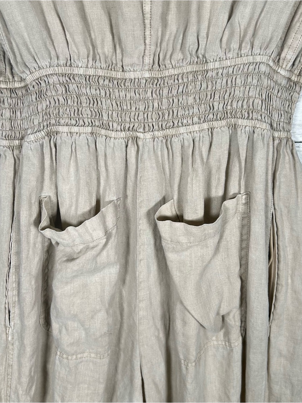 Anthropologie Linen Shirting Barrel Leg Cropped Putty Oatmeal Jumpsuit M - Picture 11 of 12
